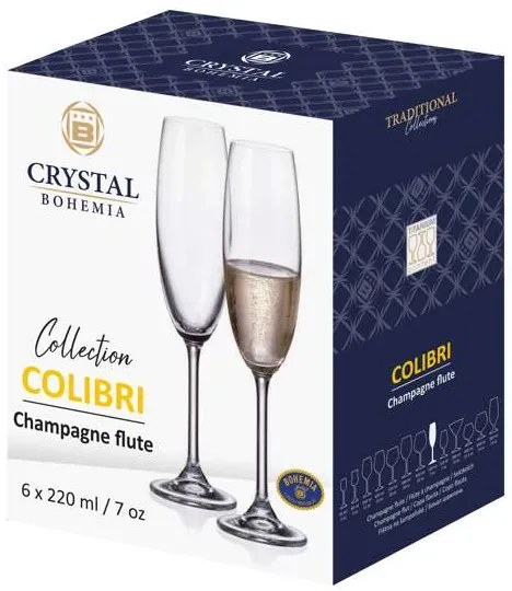 Crystal Bohemia Poháre na sekt COLIBRI 220 ml, 6 ks