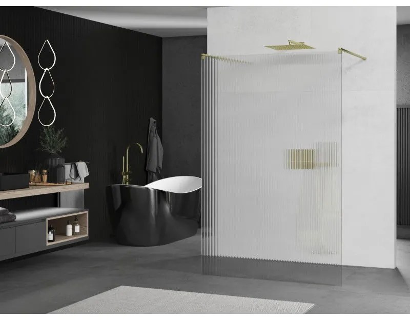 Mexen Kioto, sprchová zástena Walk-In 140 x 200 cm, 8mm sklo s rebrovým vzorom, zlatý matný profil, 800-140-002-55-09