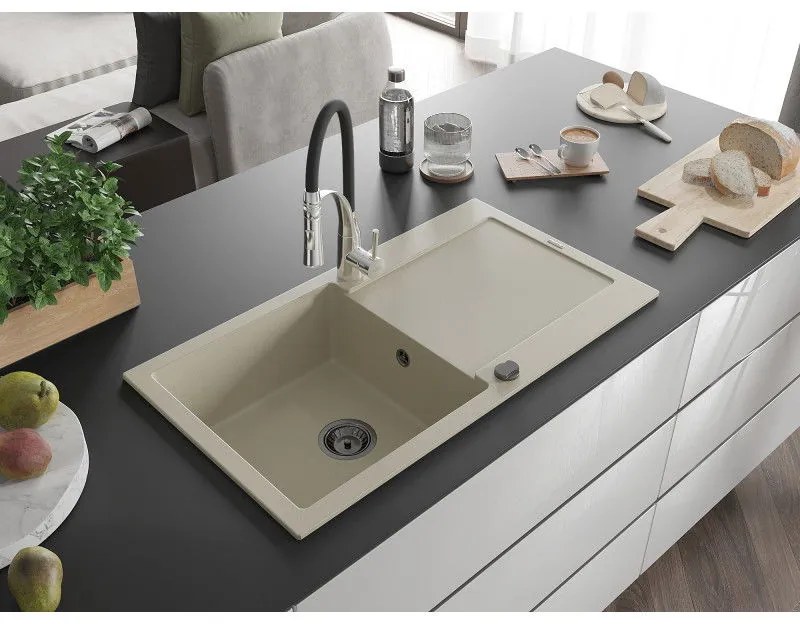 Mexen Leo, granitový drez 900x500x190 mm, 1-komorový a drezová batéria Aster, béžová, 6501-69-73450-07-B