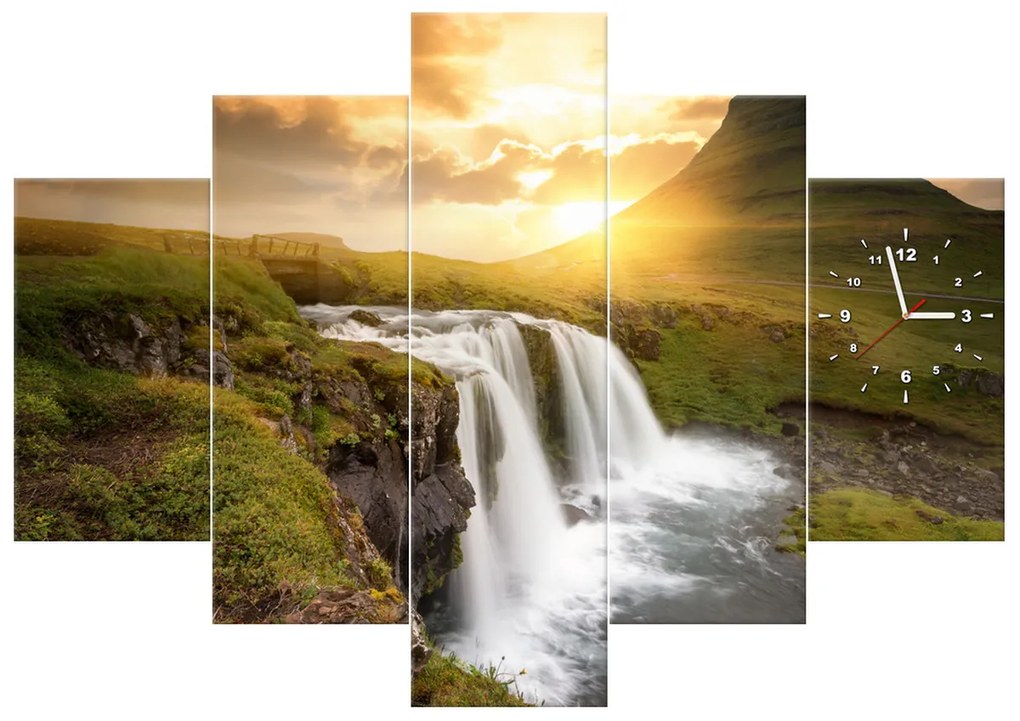 Gario Obraz s hodinami Islandská krajina - 5 dielny Rozmery: 150 x 105 cm