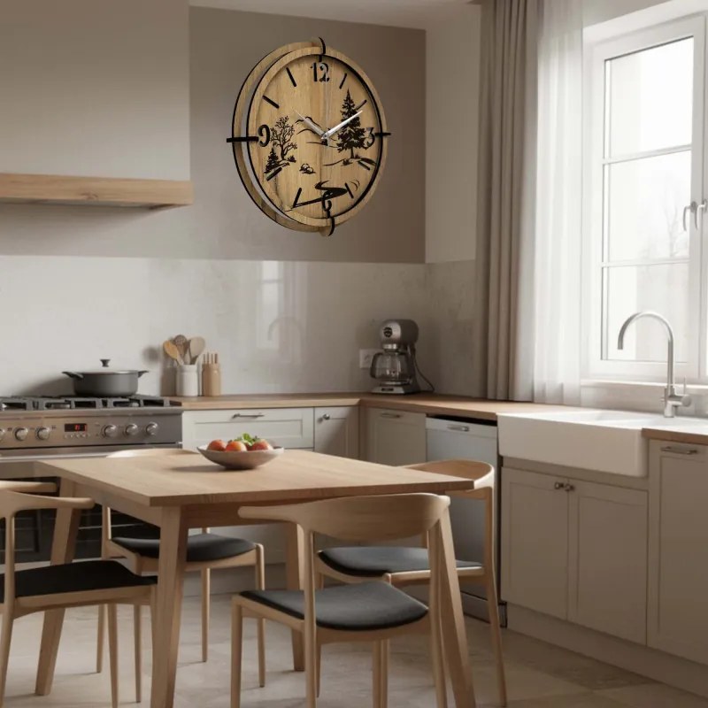 Moderné nástenné hodiny s motívom lesa a hôr | SENTOP HDF0600-GOLD-OAK