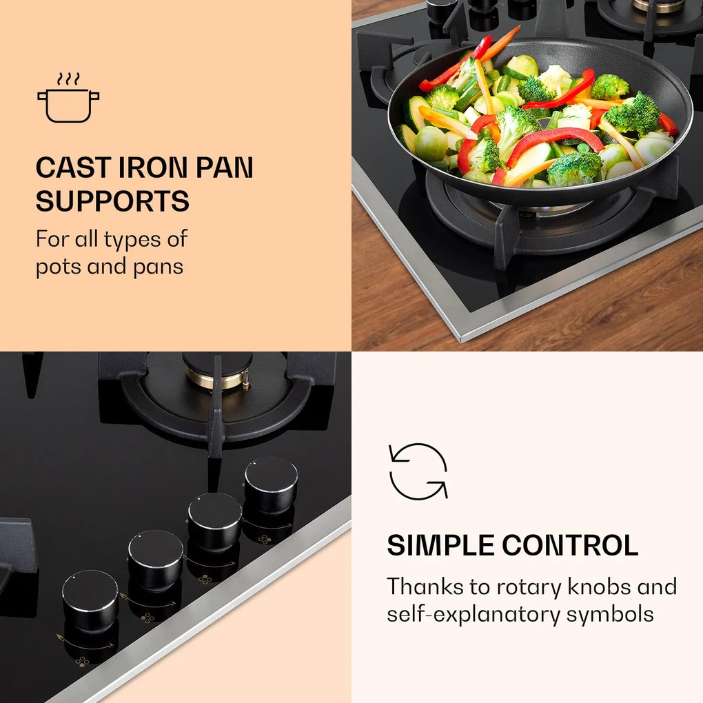 Klarstein Goldflame 4 Prime, plynová varná doska, 4 Messing horáky, sklokeramika