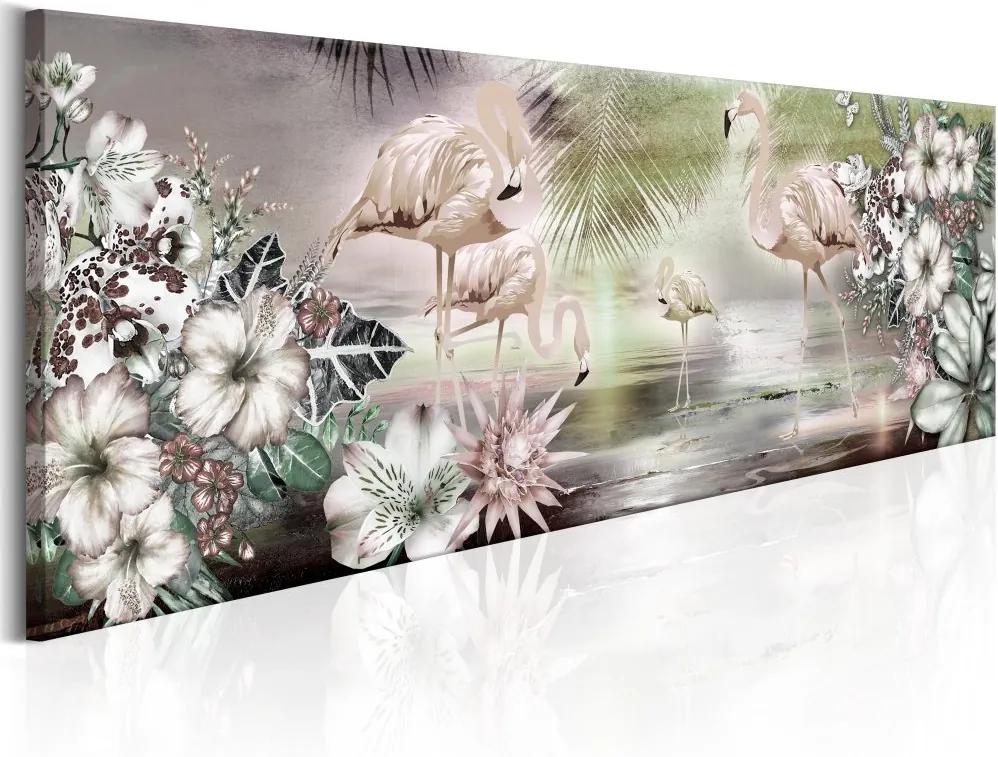 Obraz na plátne Bimago - Flamingoes and Flowers 120x40 cm