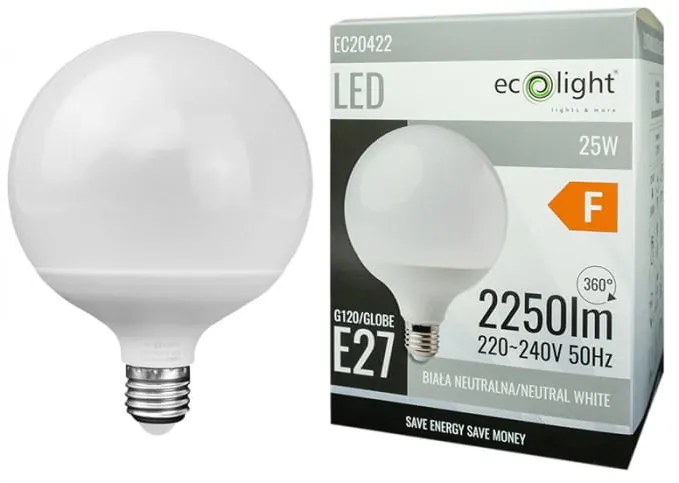 ECOLIGHT LED žiarovka - E27 - 25W - G120 - neutrálna biela