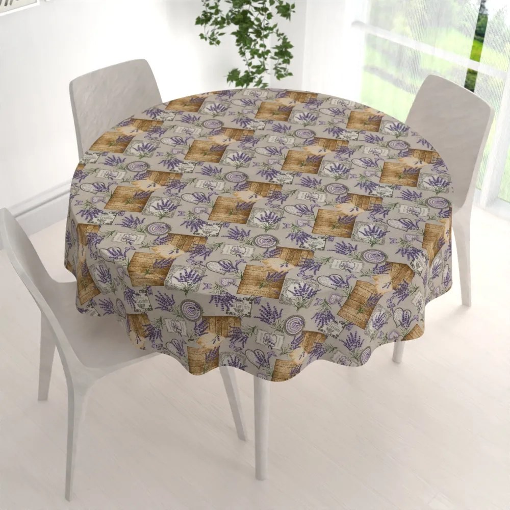 Biante Dekoračný okrúhly obrus PML-099 Levandule s motýlikmi a srdiečkami na béžovom Ø 70 cm