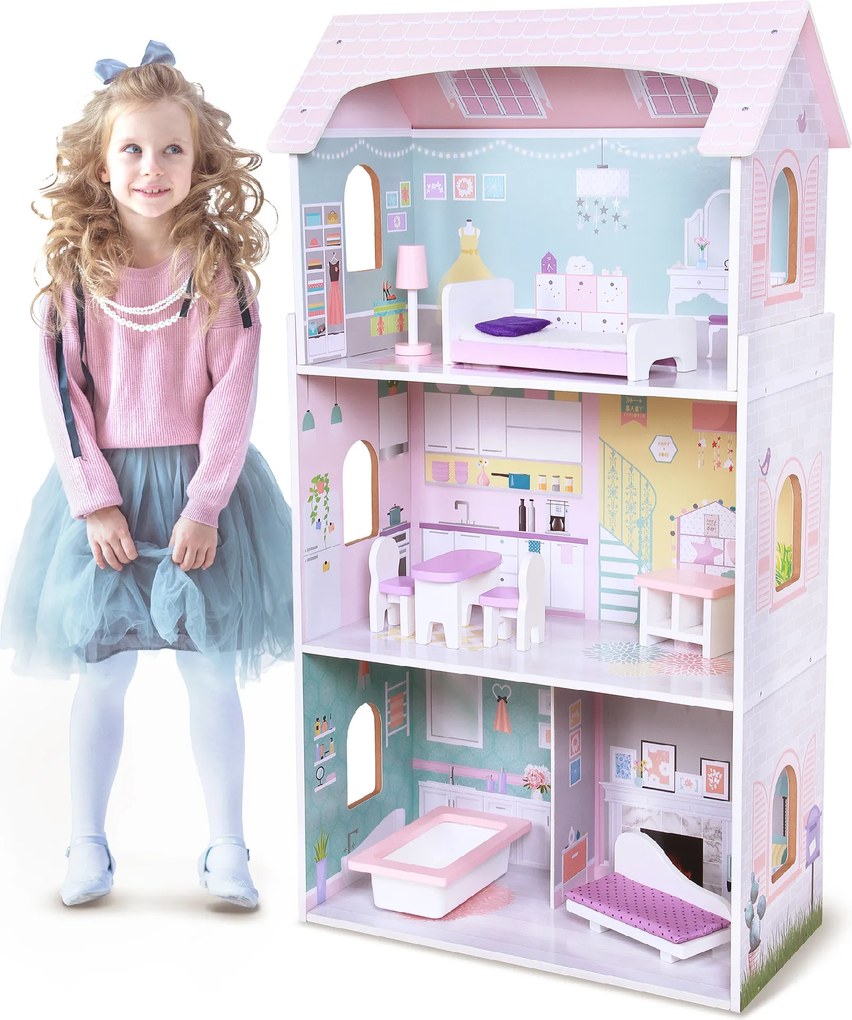 Drevený domček pre bábiky ECOTOYS – Rezidencia Jagodová, 3 poschodia, 8 ks nábytku