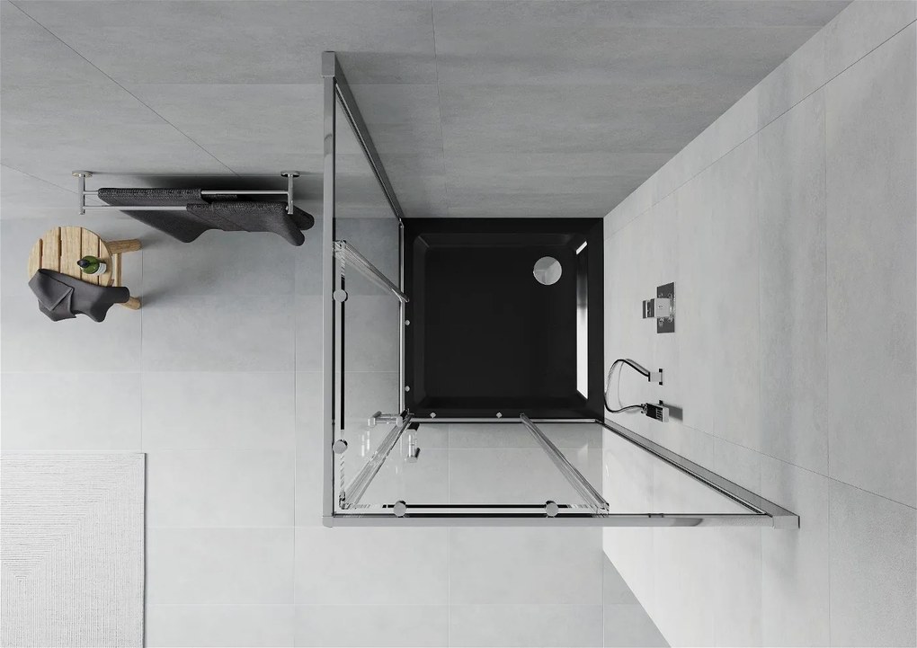 Mexen Rio, štvorcový sprchovací kút s posuvnými dverami 70 (dvere) x 70 (dvere) x 190 cm, 5mm číre sklo, chrómový profil + čierna sprchová vanička SLIM, 860-070-070-01-00-4070