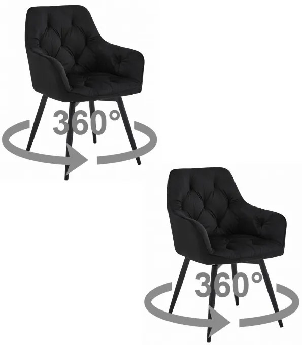 Set dvoch jedálenských otočných stoličiek JORK360 zamatové, čierne (čierne nohy) 2 ks