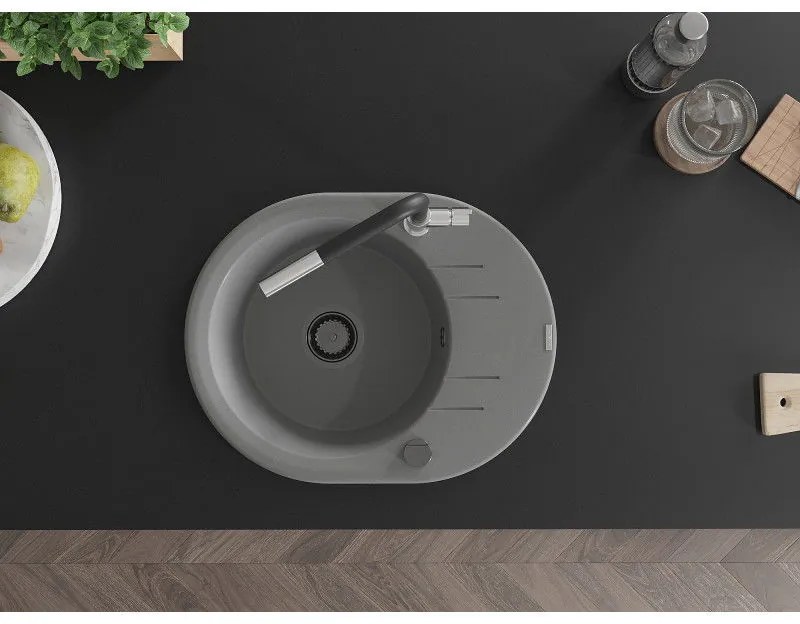 Mexen Kevin, 1-komorový granitový drez 586x458x190 mm a drezová batéria Flora, šedá, 6517-71-670401-07-B