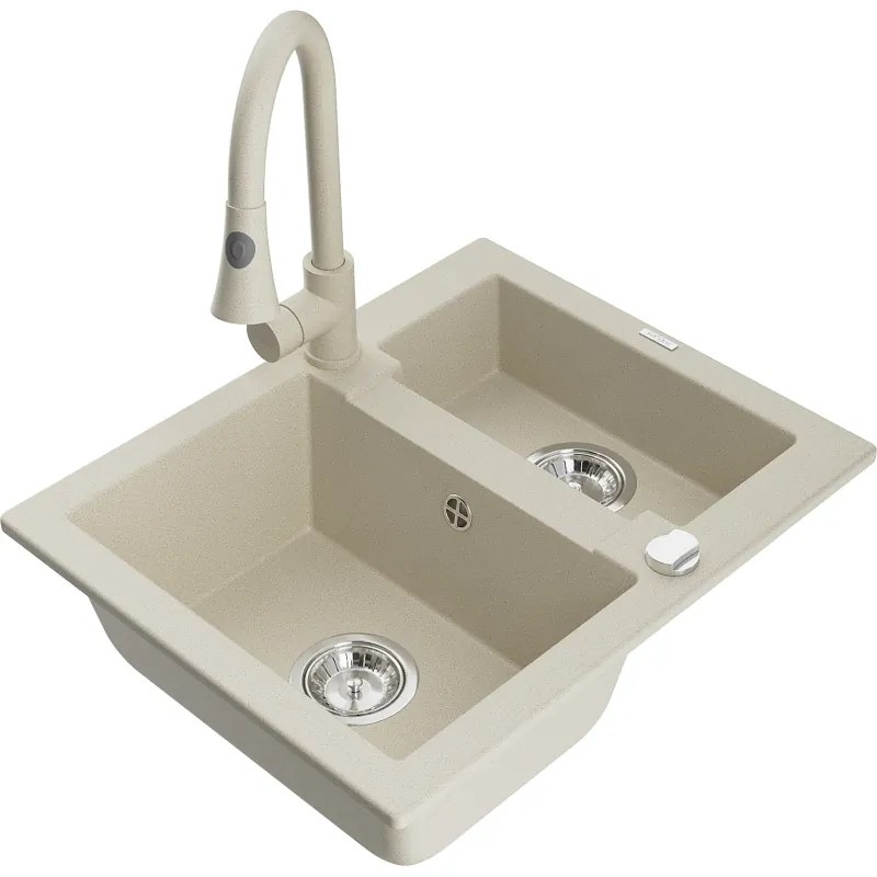 Mexen Carlos, 1,5-komorový granitový drez 582x475x177 mm a drezová batéria Elia, béžová, 6518-69-670101-69