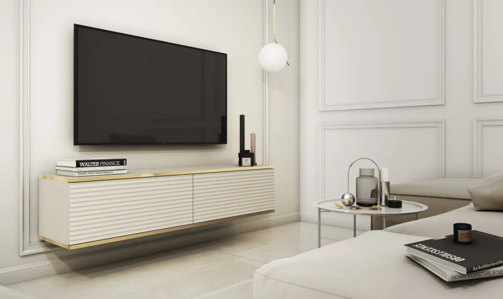 Závesná TV skrinka Orfeo, 135 cm, béžová štruktúra/zlatá