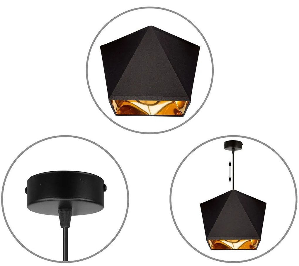 Závesné svietidlo Diamond Gold, 1x čierne/zlaté textilné tienidlo