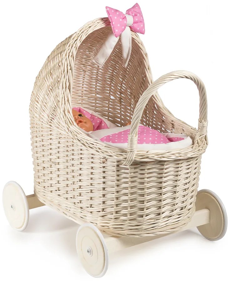 Kočík prútený ružové perinky pre bábiku Buggy II.š. 53 x hl. 35 x v. 32/55(cm)