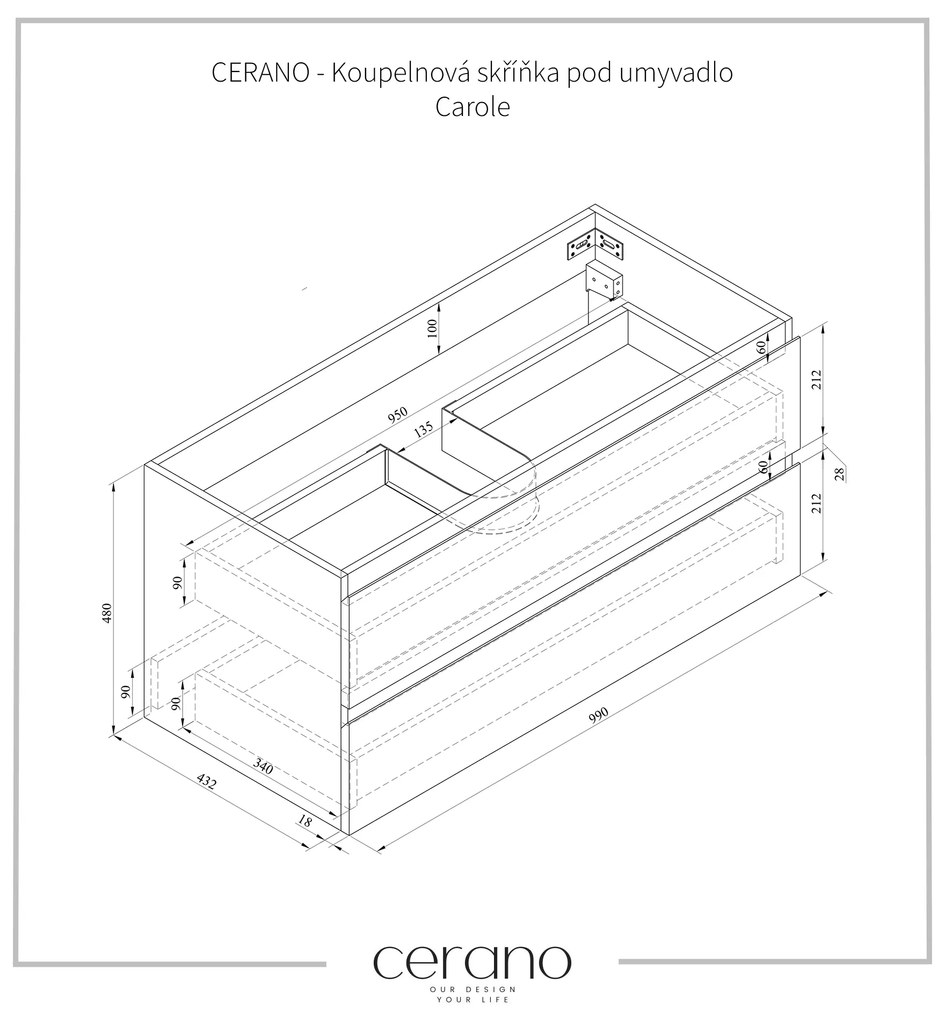 Cerano Carole, závesná skrinka 100x46x50 cm + keramické umývadlo Todo, čierna matná, CER-CER-476330