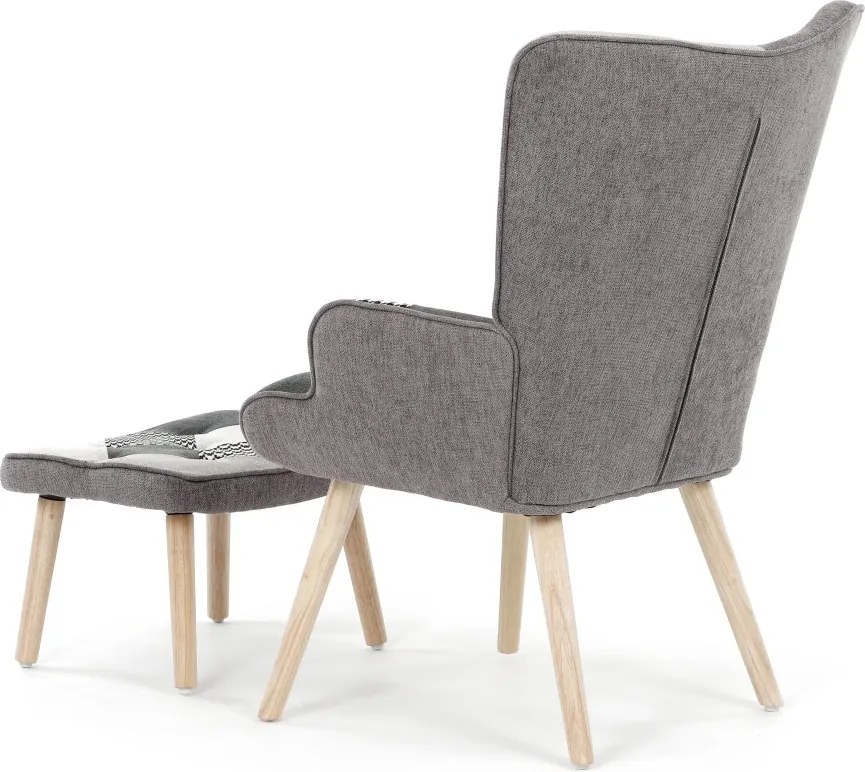 Relaxačné kreslo ušiak LISA + taburet — masív, látka, čiernobiely patchwork
