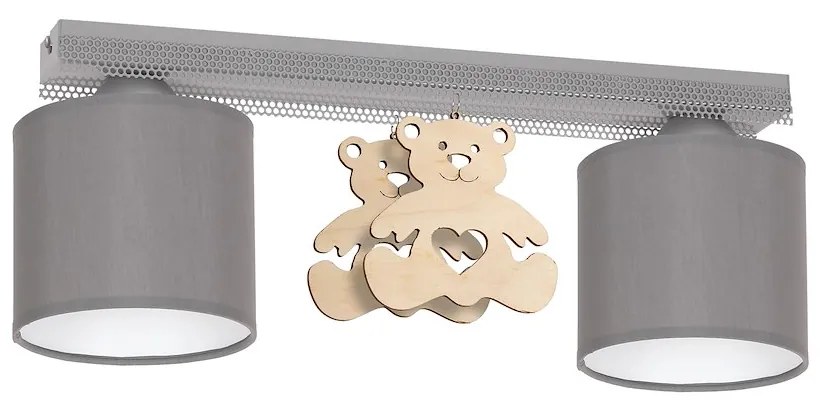 Detské stropné svietidlo Bear, 2x sivé textilné tienidlo, gre