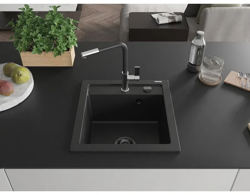 Mexen Vito, 1-komorový granitový drez 490x520x210 mm a drezová batéria Flora, čierna, 6503-77-670401-07-B