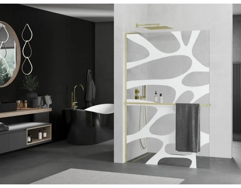 Mexen Kioto+ L, sprchová zástena Walk-In s poličkou a vešiakom 110 x 200 cm, 8mm číre sklo biely vzor, zlatý matný profil, 800-110-123-55-97