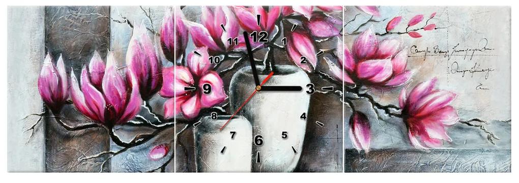 Gario Obraz s hodinami Ružové magnólie vo váze - 3 dielny Rozmery: 100 x 70 cm