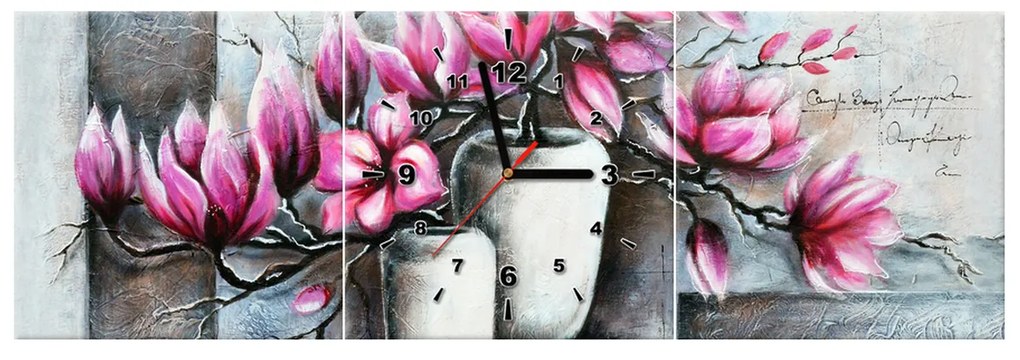 Gario Obraz s hodinami Ružové magnólie vo váze - 3 dielny Rozmery: 90 x 30 cm
