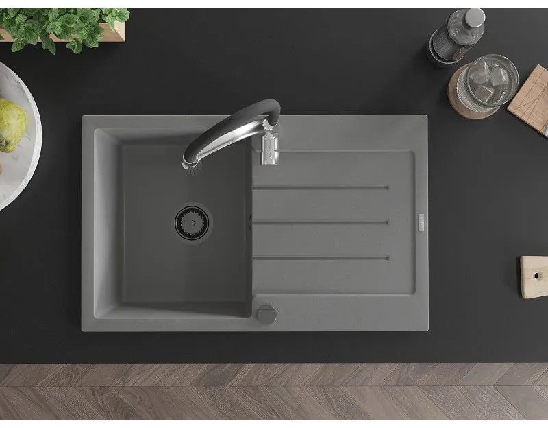 Mexen Bruno, 1-komorový granitový drez 795x495x200 mm a drezová batéria Aster, šedá, 6513-71-73450-07-B