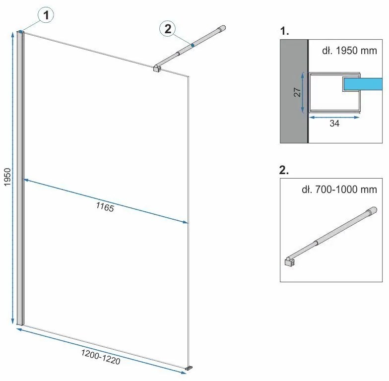 Rea Aero Ombre, sprchová zástena Walk-In 120x195 cm, 8mm číre sklo s čiernym vzorom, čierny matný profil, REA-K2462