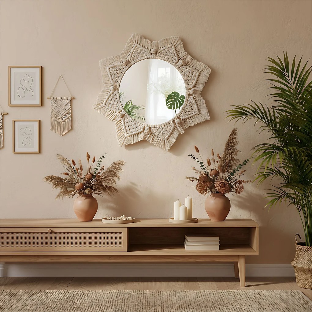 Okrúhle nástenné zrkadlo BOHO 55 cm béžové