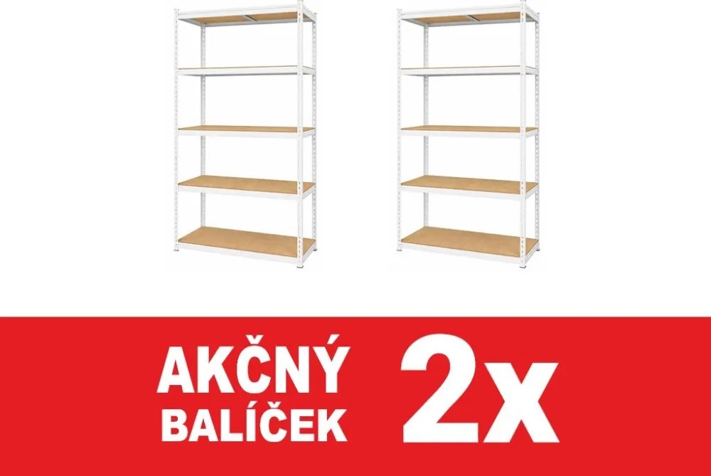 Akcia 2x Regál 183x90x40 cm lakovaný 5-policový, nosnosť 1000 kg, RIVET - biely - 2ks