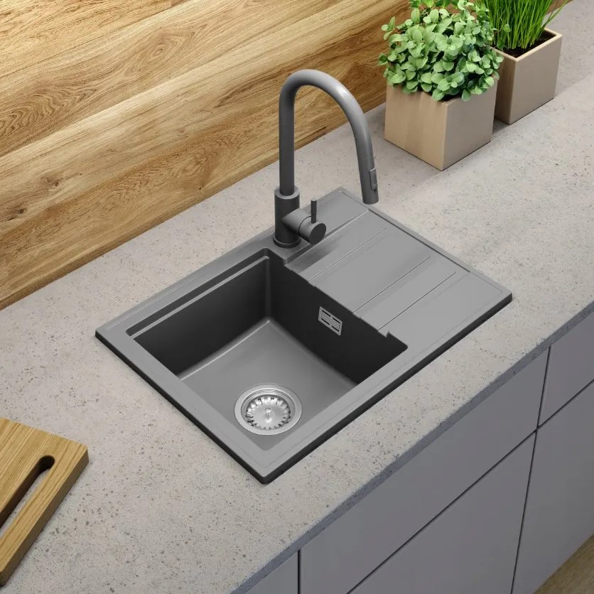 Gamma Modern 6040, 1-komorový granitový drez 580x420x185 mm s krátkym odkvapkávačom, šedá, GMA-ZM-6040-G