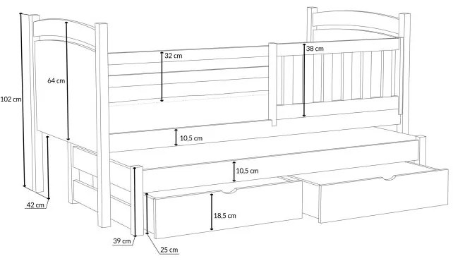 Detská posteľ z masívu borovice SABINA s prístelkou a šuplíky - 200x90 cm - BIELA