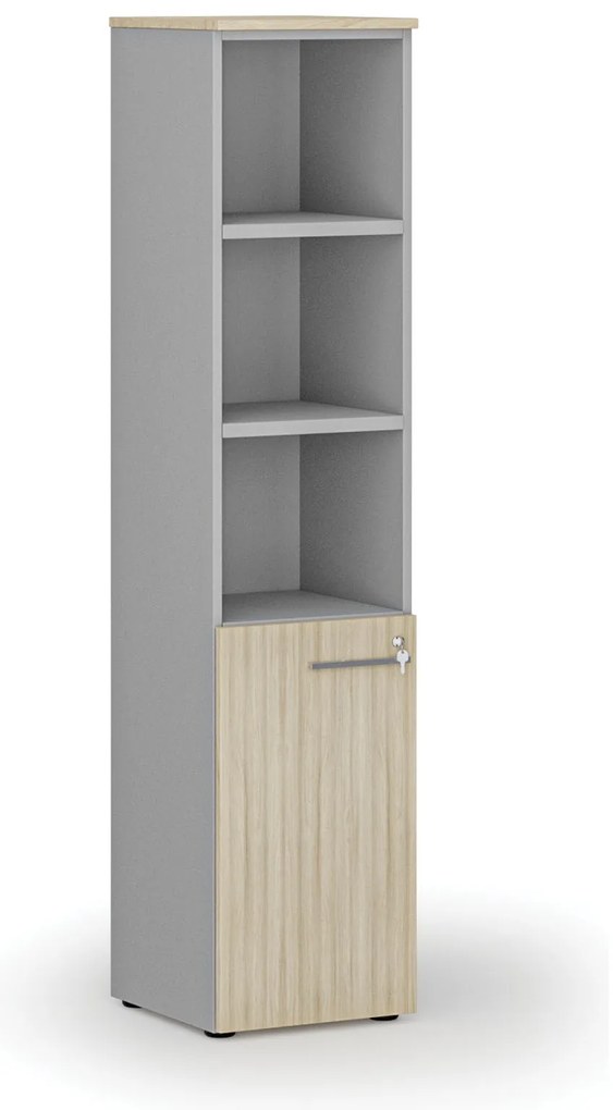 Kombinovaná kancelárska skriňa PRIMO GRAY, dvere na 2 poschodia, 400 x 420 x 1781 mm, sivá/dub prírodný
