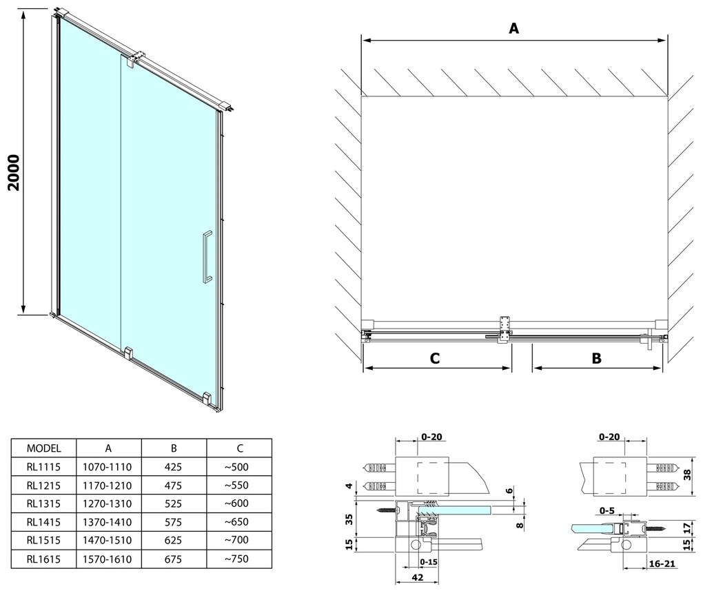 Polysan Polysan, ROLLS LINE sprchové dvere 1600mm, výška 2000mm, číre sklo, RL1615