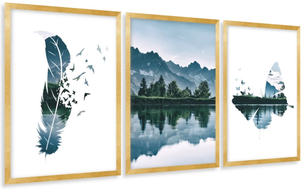 Gario Sada plagátov Horská panoráma - 3 dielna Farba rámu: Zlatá, Veľkosť: 99 x 45 cm