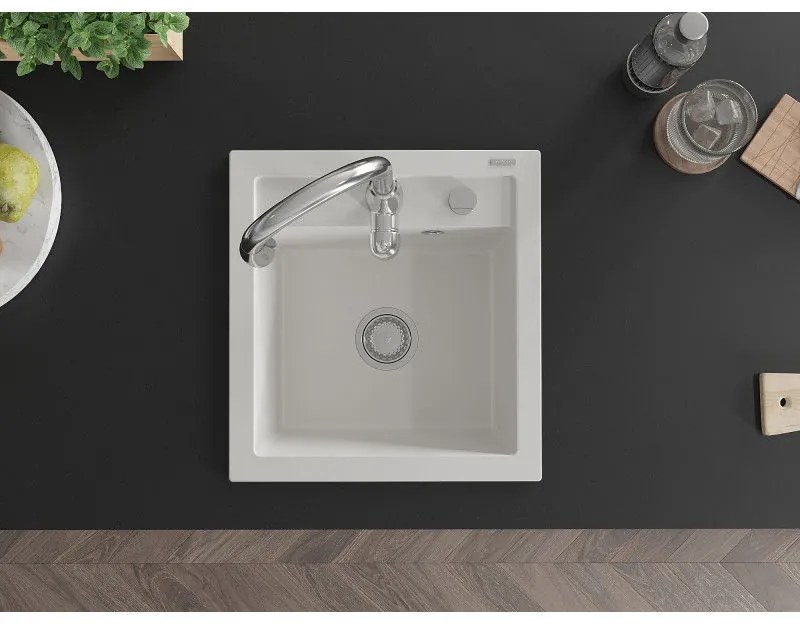 Mexen Vito, 1-komorový granitový drez 520x490x210 mm a drezová batéria Savita, biela, 6503-20-672601-00