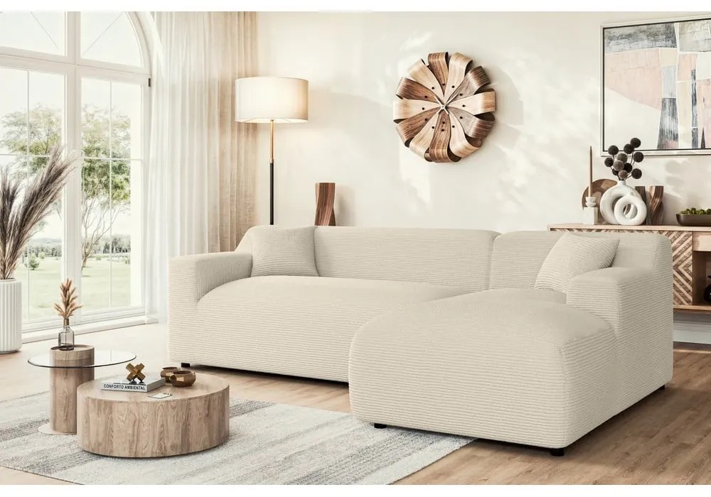 Béžovo-krémová menčestrová rohová pohovka (pravý roh/s leňoškou) Martin – Ropez