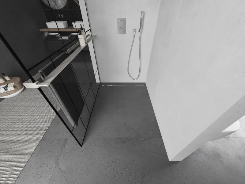 Mexen Kioto+, sprchová zástena Walk-In s poličkou a vešiakom 120 x 200 cm, 8mm číre sklo čierny vzor, brúsená oceľ profil, 800-120-121-97-78