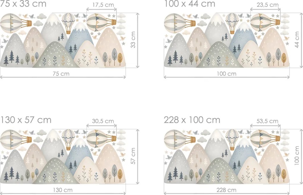 Hory a kopce – bežecké lyžovanie textilní prelepiteľné nálepky na stenu hárok 75 x 33 cm