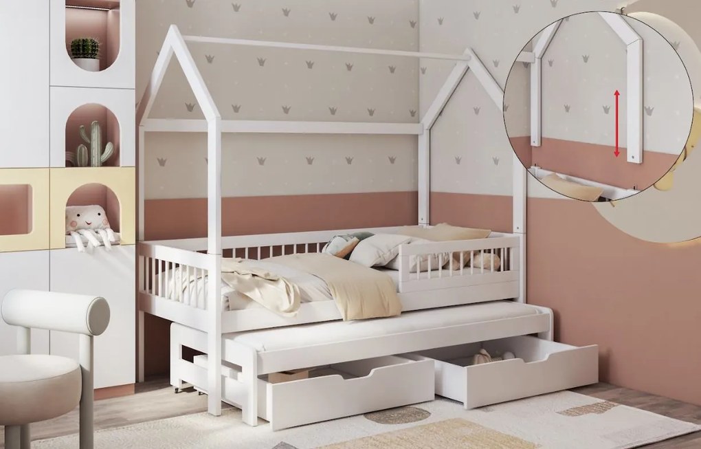 Detská domčeková posteľ z masívu borovice ASHER II so šuplíkmi a prístelkou - 180x80 cm - biela