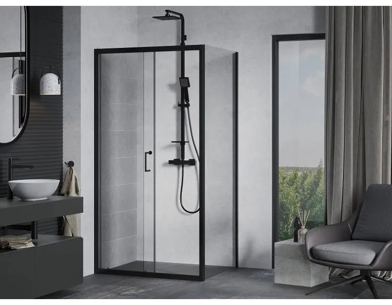 Mexen Apia, sprchový kút s posuvnými dverami 135 (dvere) x 80 (stena) cm, 6mm číre sklo, čierny profil, 840-135-080-70-00