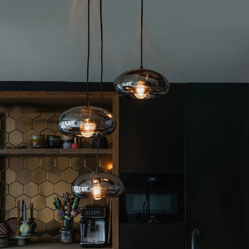 Závesné svietidlo Art Deco čierne s dymovým sklom okrúhle 3-svetlo - Ayesha