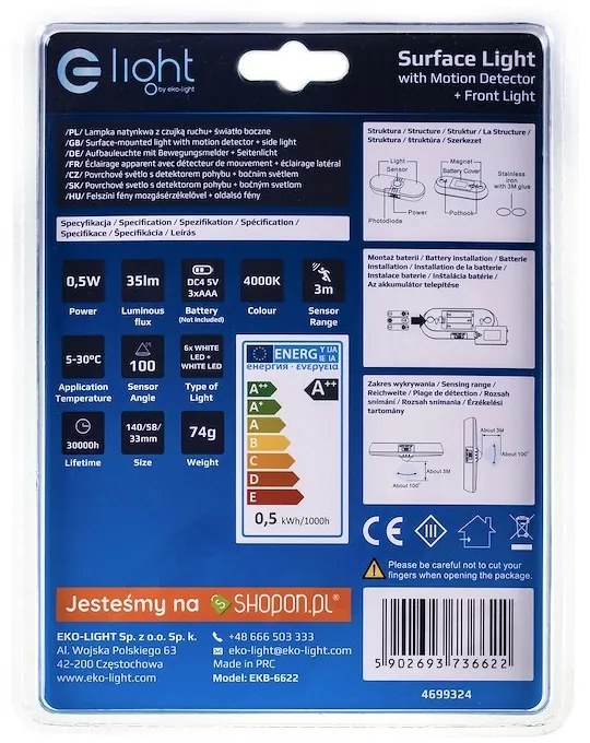 Nástenné LED svietidlo, 1x LED 0,5w 4000k, w, pohybový senzor