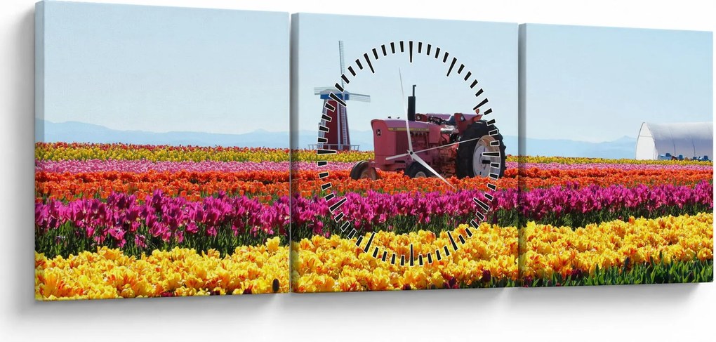 Obraz tulipánové farmy (s hodinami) (90x30 cm)