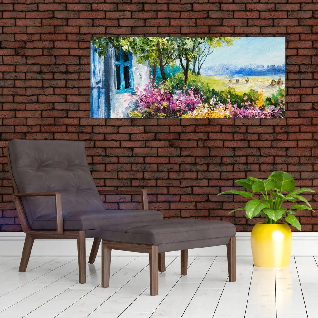 Obraz záhradky pred domom, olejomaľba (120x50 cm)