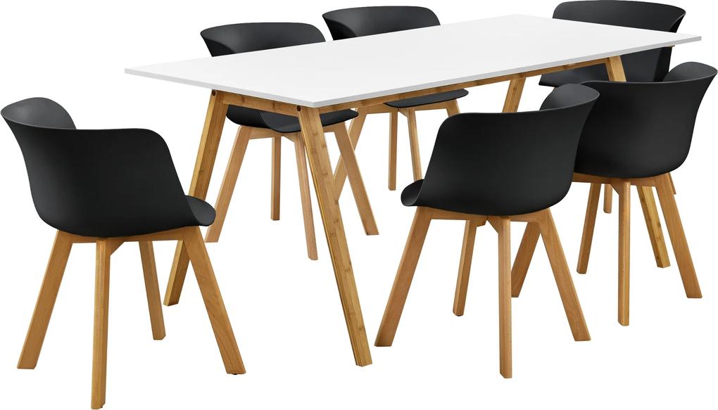 [en.casa]® Dizajnový bambusový jedálenský stôl HTNT4302 so 6 čiernymi stoličkami HTFL-6304