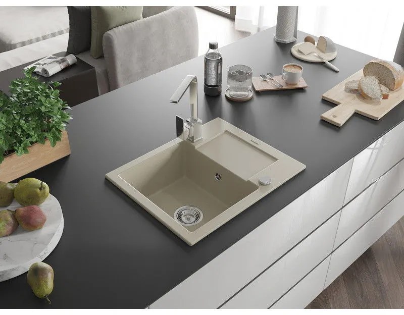 Mexen Enzo, granitový drez 576x465x174 mm, 1-komorový, chrómová batéria Rita, béžová, 6506-69-670300-00