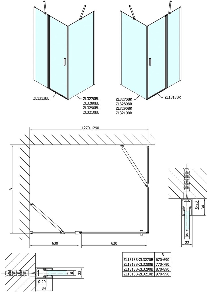 Polysan Polysan, Zoom Line Black obdĺžniková sprchová zástena 1300x900mm L/P varianta, ZL1313BZL3290B