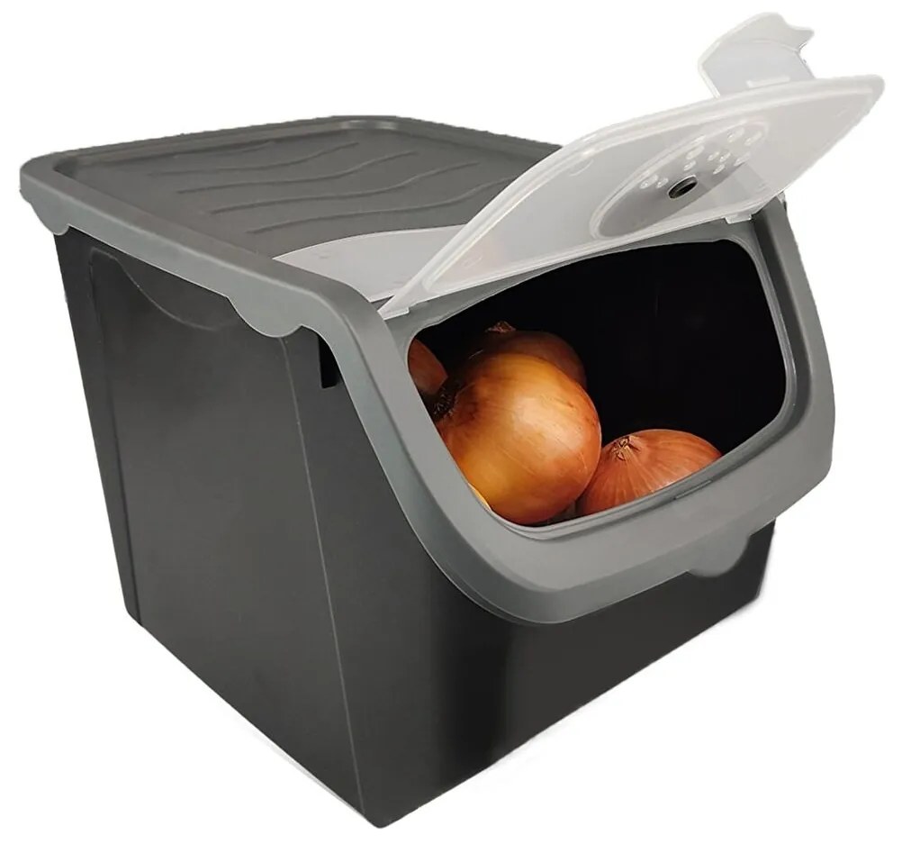Skladovací černý box na cibuli a brambory, šedé víko (12l)