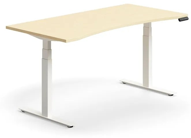 Výškovo nastaviteľný stôl QBUS, s výrezom, 1600x800 mm, biely rám, breza