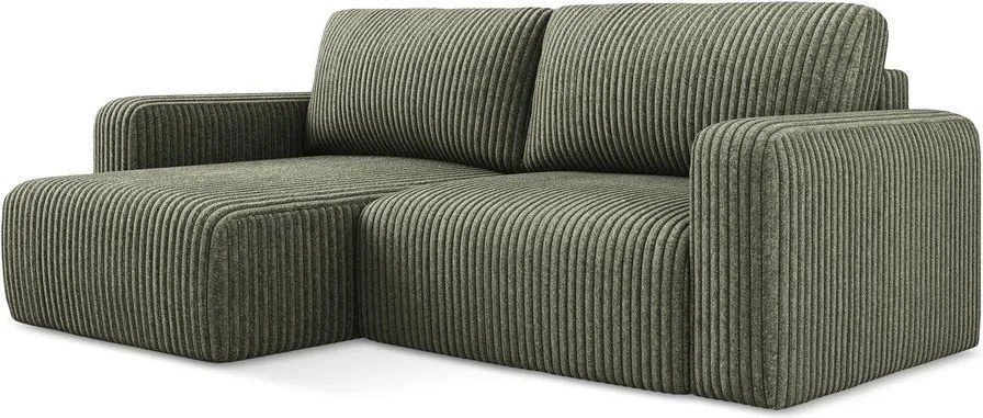 Zelená menčestrová rozkladacia/s úložným priestorom rohová pohovka (ľavý roh/s leňoškou) Kona – Makamii