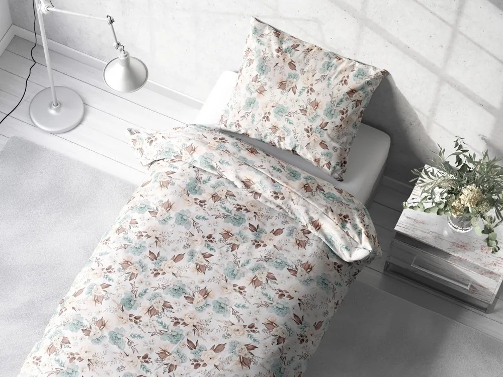 Biante Bavlnené posteľné obliečky Sandra SA-451 Žlto-hnedo-mintové ruže na bielom Jednolôžko 140x200 a 70x90 cm